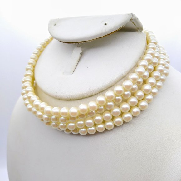 Vintage Four Strand Faux Pearl Choker, Classic Estate Minimalist Necklace - Picture 2 of 3